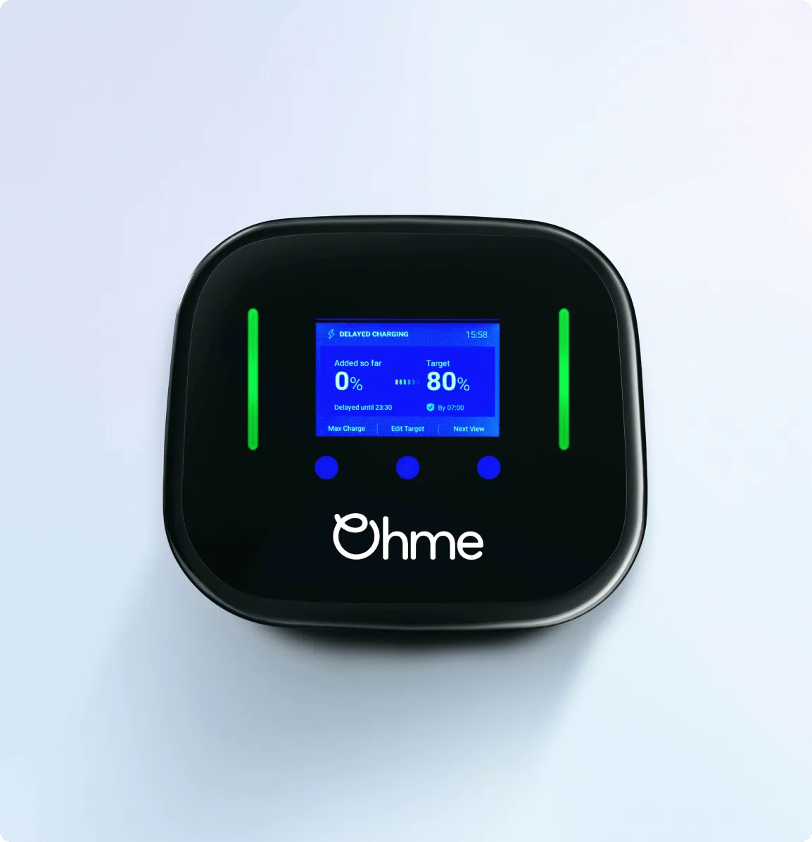 Ohme Home Pro laadstation vooraanzicht met LCD-scherm