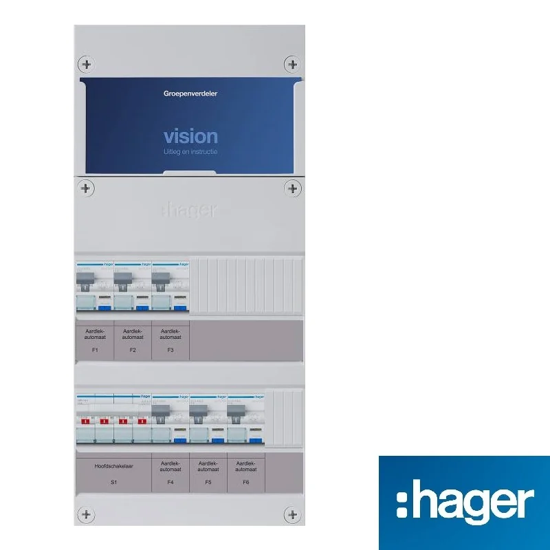 Hager Vision groepenkast, 3-fasen, enkele kast met 6 gewone groepen