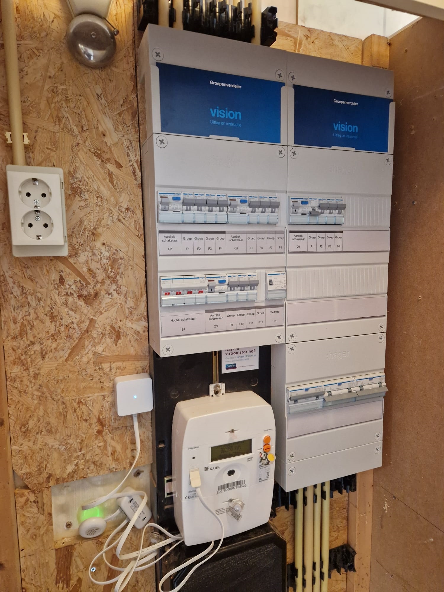 Moderne Hager Vision groepenkast met verdeeldruk en installatieautomaten