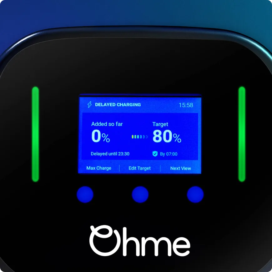 Ohme Home Pro MID laadstation vooraanzicht met LCD-scherm
