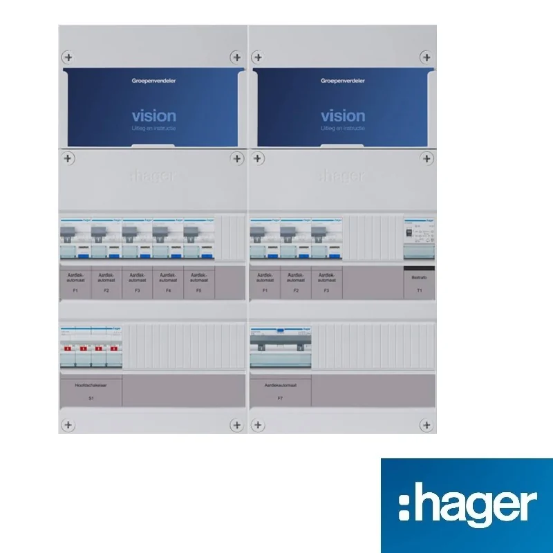 Hager Vision groepenkast, 3-fasen, dubbele kast met 8 gewone groepen