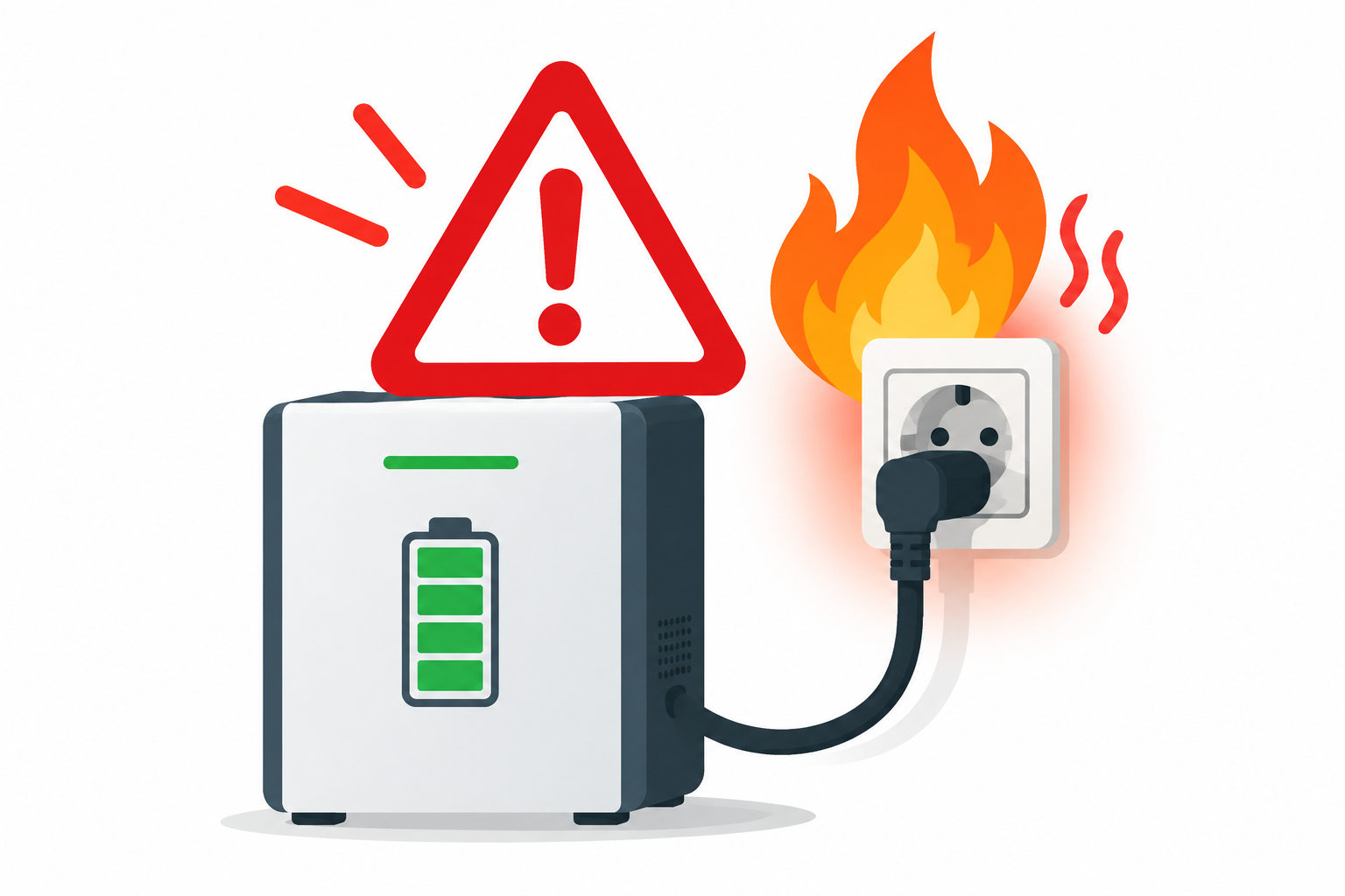 Illustratie van een plug-in thuisbatterij met stekker in een wandcontactdoos en een waarschuwingssymbool