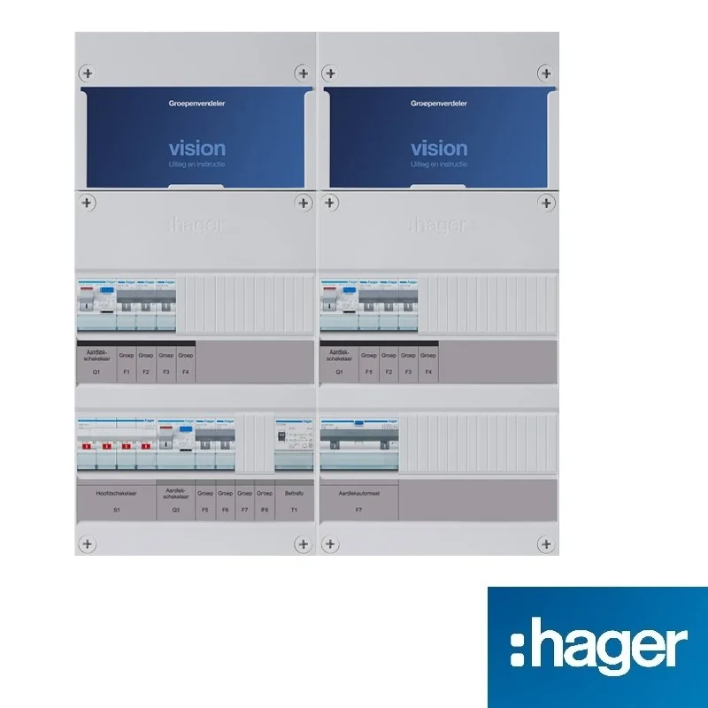 Hager Vision groepenkast, 3-fasen, dubbele kast met 8 gewone groepen