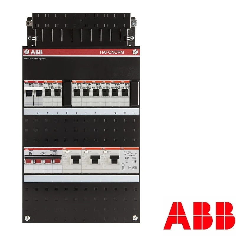 ABB Hafonorm 3-fasen groepenkast met 8 groepen + kookgroep + beltransformator, volledig afgebeeld